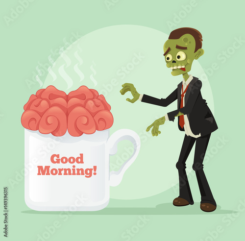 Happy smiling business zombie man office worker want cup of coffee in the morning monday. Vector flat cartoon illustration