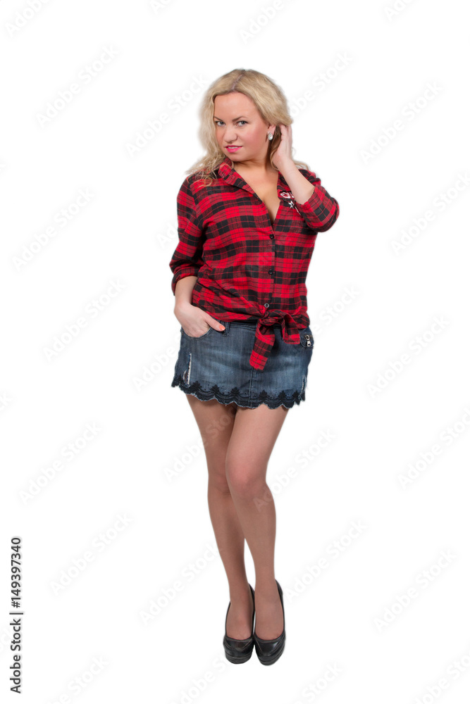 Sexy blonde girl in denim miniskirt isolated on white background Sexy blonde girl in denim miniskirt isolated on white background