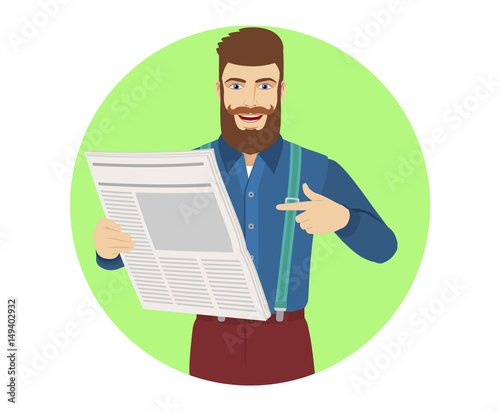 Hipster pointing at a newspaper