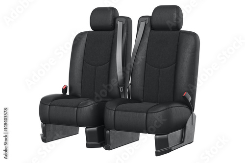 Car seat modern black with seatbelt. 3D rendering © ARTYuSTUDIO