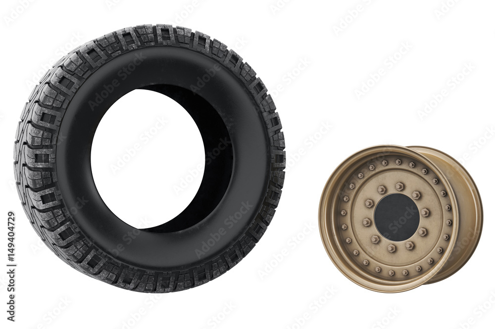 Car wheel military metal sand disk. 3D rendering Car wheel military metal sand disk. 3D rendering