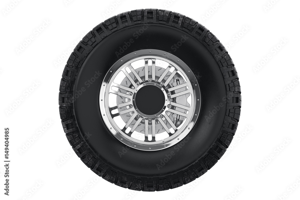 Obraz premium Car wheel black rubber with brake, front view. 3D rendering