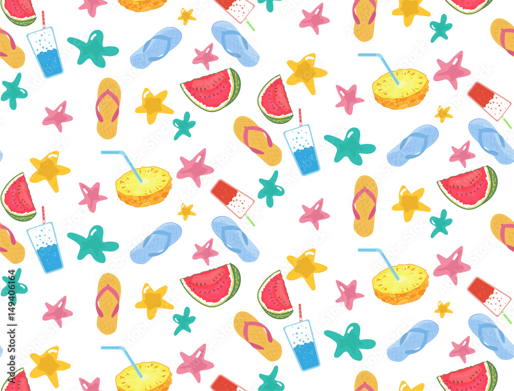 seamless pattern. drinks, watermelon, stars, flip-flops. the summer mood.