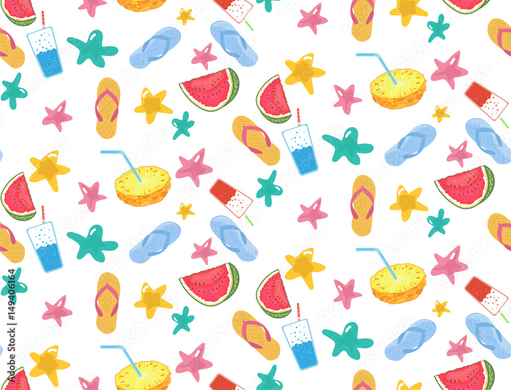 seamless pattern. drinks, watermelon, stars, flip-flops. the summer mood. seamless pattern. drinks, watermelon, stars, flip-flops. the summer mood.