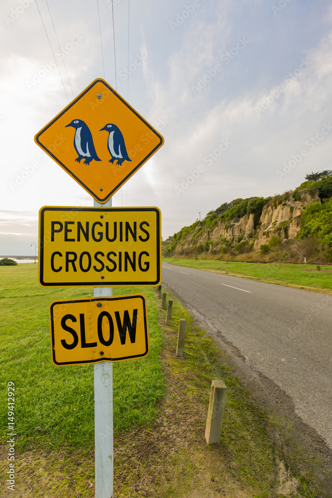 Penguins Crossing Schild Slow in Neuseeland Penguins Crossing Schild Slow in Neuseeland