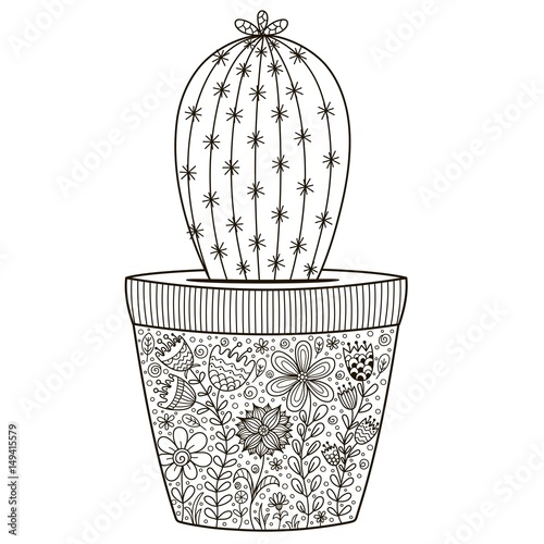 Doodle cactus in the pot with floral ornament for coloring book. Hand drawn outline succulent for anti stress coloring book. Vector illustration