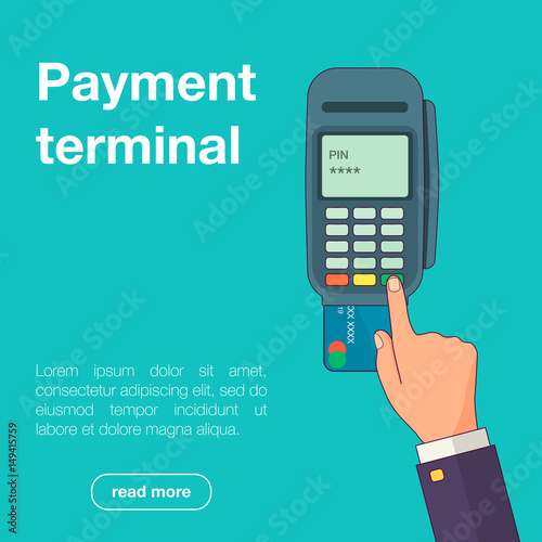 Vector illustration of businessman's hand entering pin code on credit card, POS or a PDQ terminal in flat style for your design.