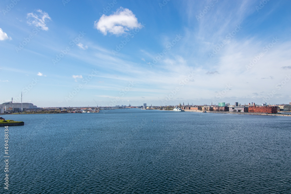 Copenhagen, the capital of Denmark. The picture is taken in the northeast part of the city. This is the Channel between the Amager island to the left, and the city center to the right. Wide angle.