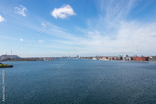 Copenhagen  the capital of Denmark. The picture is taken in the northeast part of the city. This is the Channel between the Amager island to the left  and the city center to the right. Wide angle.