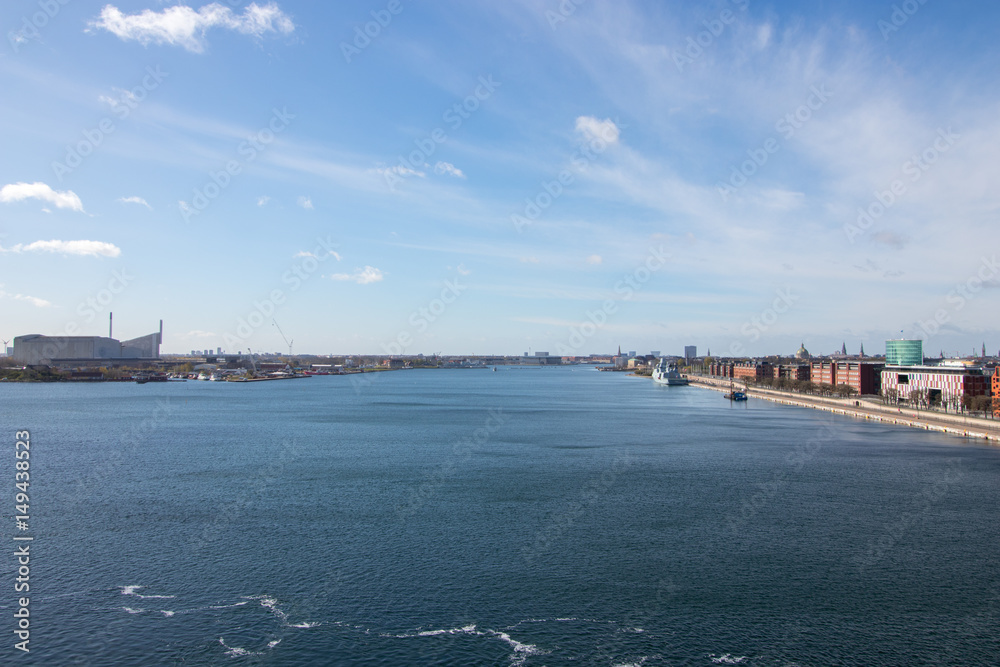 Copenhagen, the capital of Denmark. The picture is taken in the northeast part of the city. This is the Channel between the Amager island to the left, and the city center to the right. Wide angle.