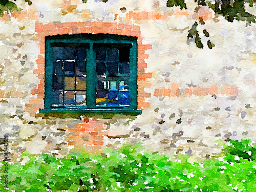 Digital watercolor painting of a brick wall with with a green window. With plants in the front and tree branches at the top and space for text. © anitalvdb