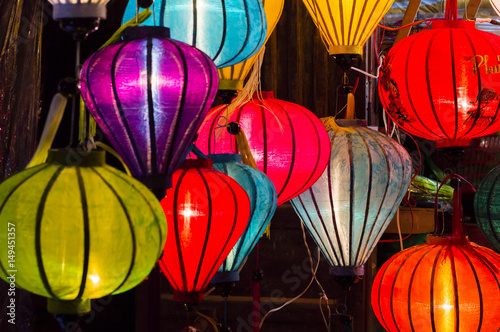 Colorful lanterns spread light on the old street of Hoi An Ancient Town, Quang Nam Province, Vietnam. UNESCO World Heritage Site