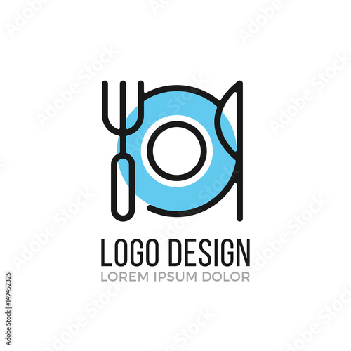 Food, breakfast, restaurant logo design concept. Plate, fork and knife icon. Vector logo