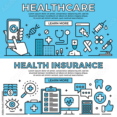 Healthcare, health insurance concepts. Flat design line banners set. Modern graphic elements, thin line icons. Vector illustration