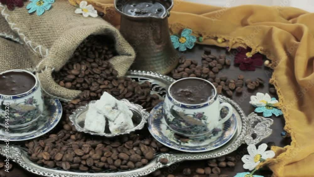 Turkish Coffee cup and saucer on a wooden table
Turkish Coffee cup and saucer on a wooden table