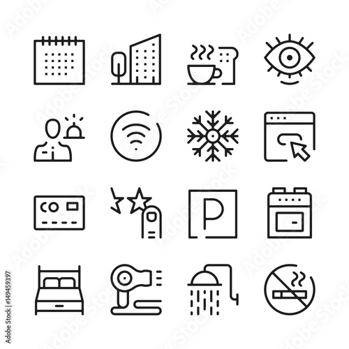 Hotel services and hotel facilities line icons set. Modern graphic design concepts, simple outline elements collection. Vector line icons