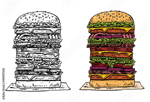 Hand drawn tall beef burger, vector