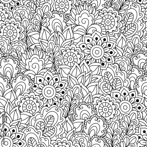 Fototapeta Naklejka Na Ścianę i Meble -  Seamless black and white background. Floral, ethnic, hand drawn elements for design. Good for coloring book for adults or design of wrapping and textile.