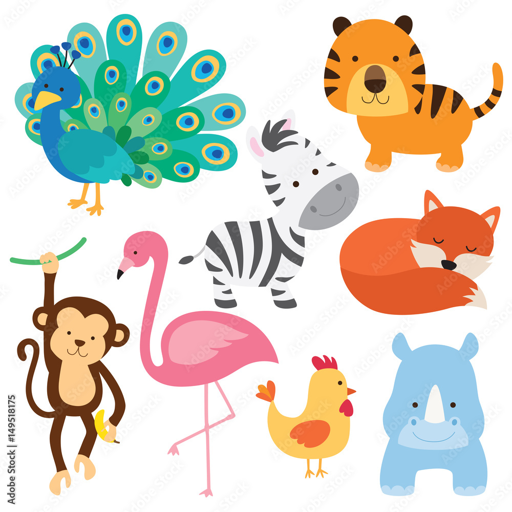 Vector illustration of cute baby animal including peacock, flamingo, zebra, tiger, fox, monkey, chicken and rhino. Vector illustration of cute baby animal including peacock, flamingo, zebra, tiger, fox, monkey, chicken and rhino.