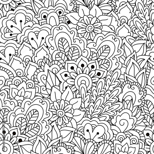 Round element for coloring book. Black and white floral pattern.