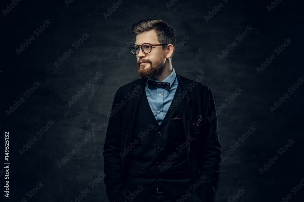 Bearded elegant male in eyeglasses dressed in a dark blue suit with bow tie.