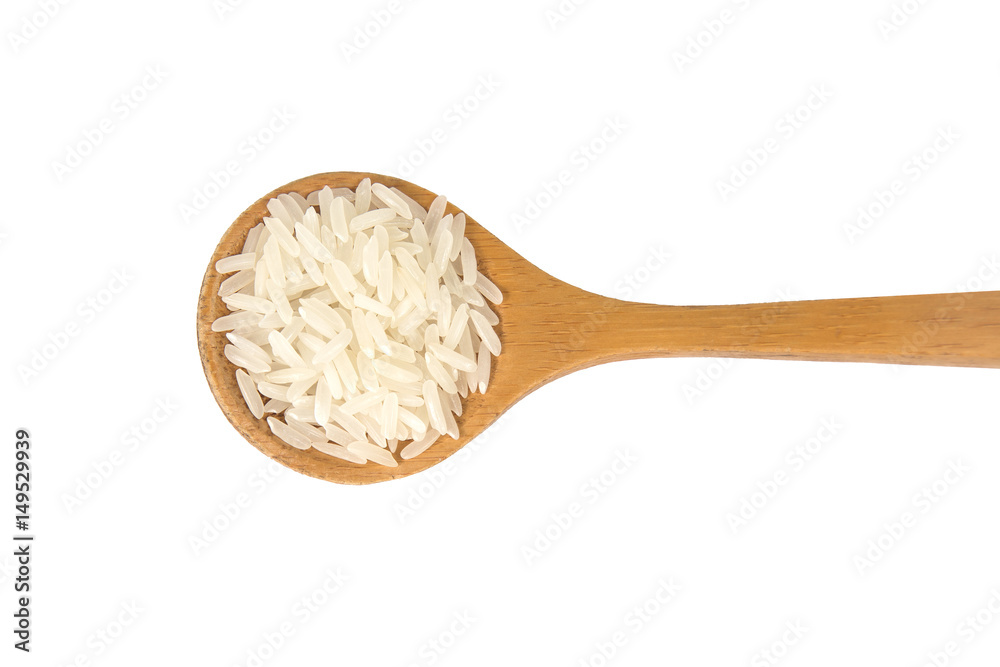White rice (Thai Jasmine rice) in wooden spoon isolated on white background , clipping path. White rice (Thai Jasmine rice) in wooden spoon isolated on white background , clipping path.