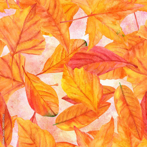Seamless pattern with vibrant watercolor leaves on pink