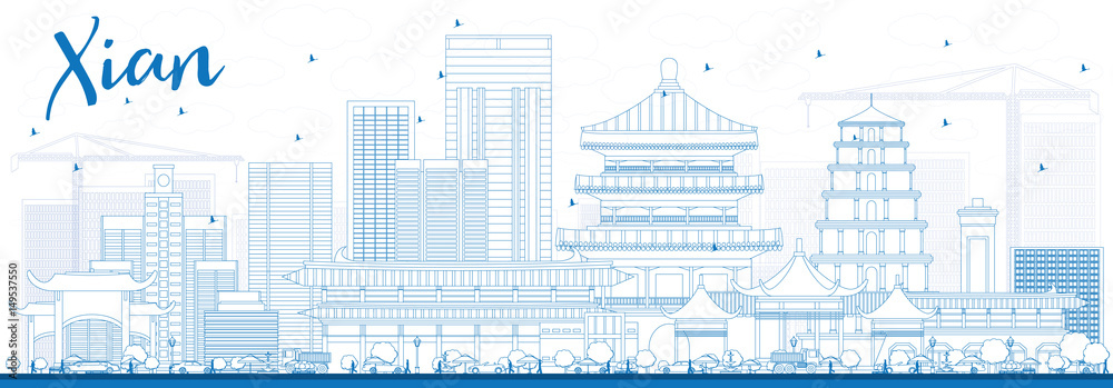 Outline Xian Skyline with Blue Buildings.