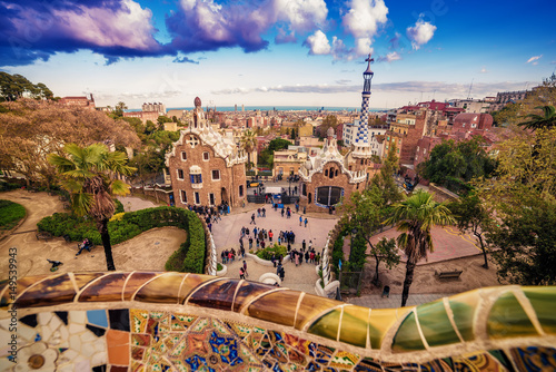 Barcelona, Catalonia, Spain: the Park Guell of Antoni Gaudi at sunset 