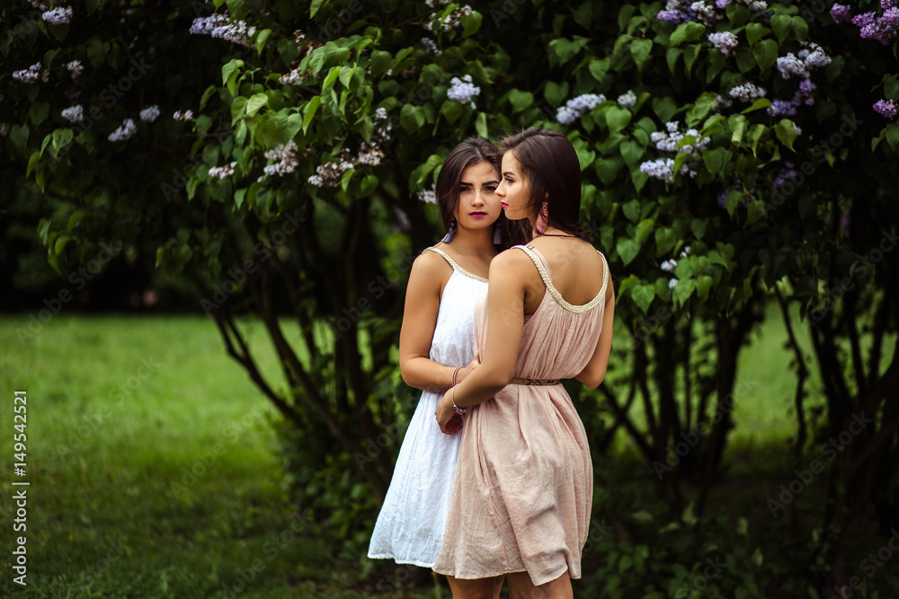 Two beautiful twins young women in summer dresses near blooming lilac Two beautiful twins young women in summer dresses near blooming lilac