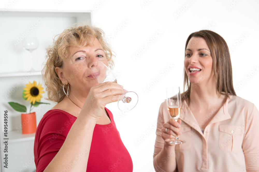 young woman and her mother drinking sparkling wine together in the kitchen young woman and her mother drinking sparkling wine together in the kitchen