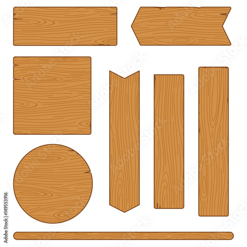 Set of different wooden planks and signs on white background. Vector illustration