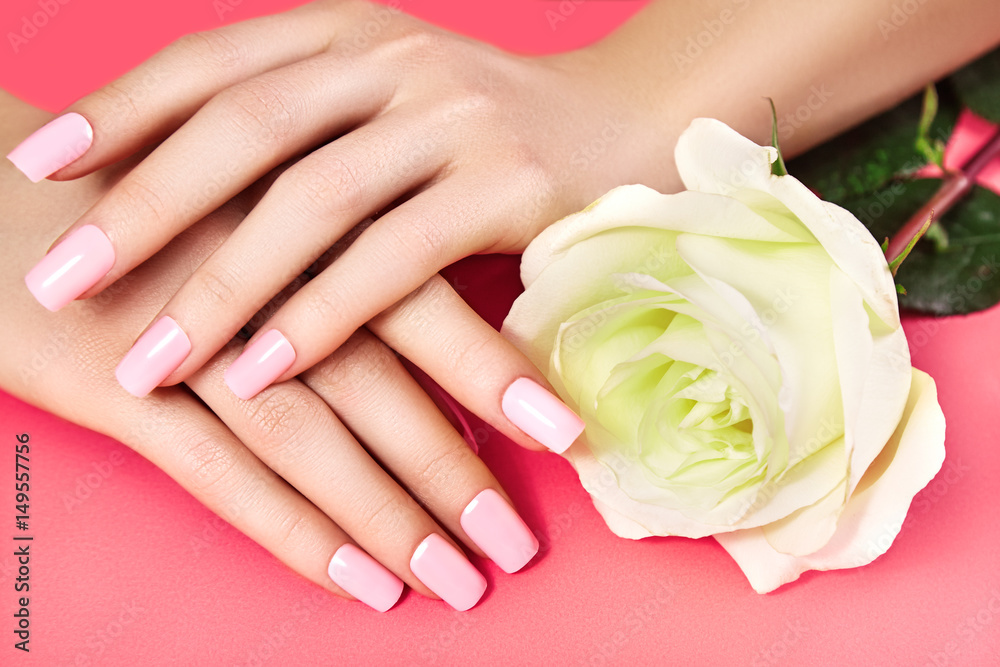 Manicured nails with pink nail polish. Manicure with nailpolish. Fashion  art manicure, shiny gel lacquer. Nails salon foto de Stock | Adobe Stock