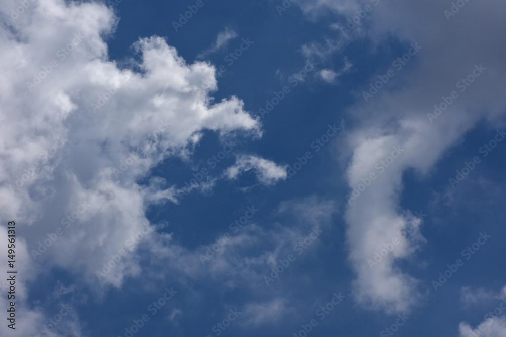 下に伸びる不思議な雲（右）と青空「空想・雲のモンスターたち（左側など）変革、目指す、常識を覆す、可能性、不思議、成長企業などのイメージ