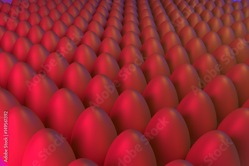 3D-Rendering von zahlreichen  in Reihen aufgestellten  goldenen Eiern in blauem und rotem Licht  