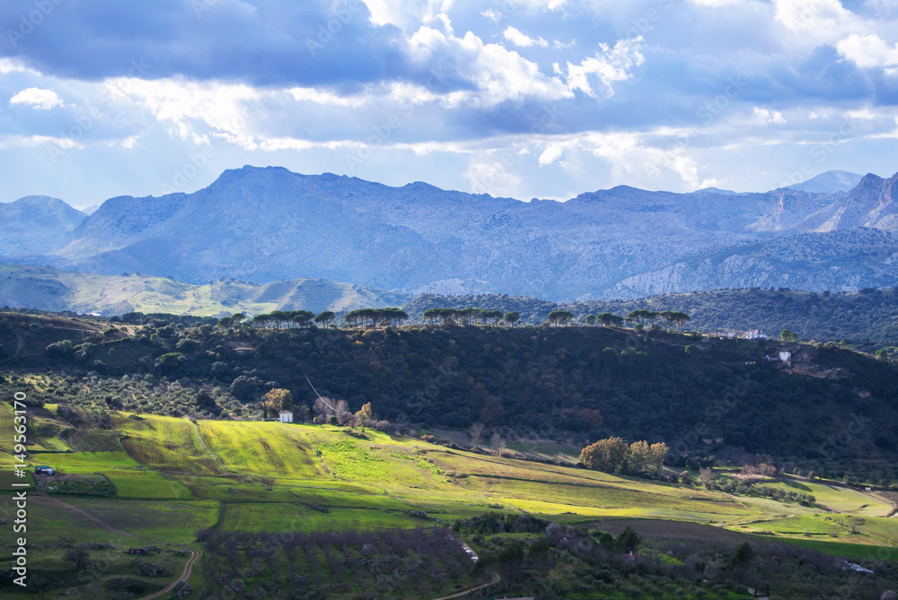 Panoramic view of rural surroundings of Ronda town, Andalusia, Spain.