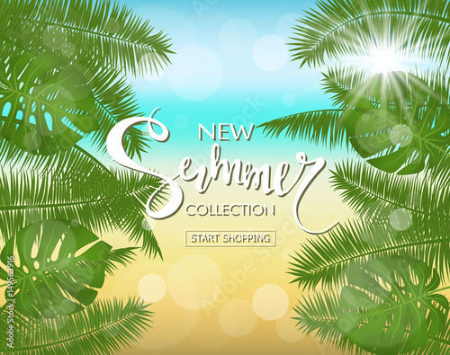 New summer collection sale banner. Exotic tropical background with leaves and plants. Vector illustration eps 10 format. Vector illustration template  banners. Wallpaper  flyers  invitation  brochure.