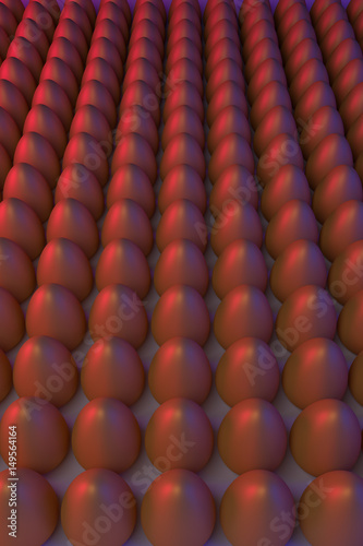 3D-Rendering von zahlreichen, in Reihen aufgestellten, goldenen Eiern in blauem und rotem Licht
