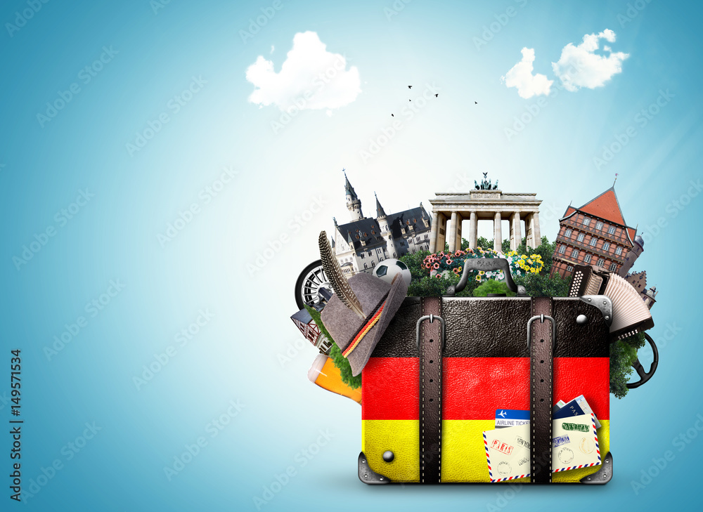 Germany, german landmarks, travel and retro suitcase - obrazy, fototapety, plakaty 
