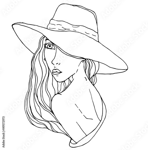 Vector young pretty girl with doodle hairs wearing hat. Fashion illustration. Uncolored image can be used as adult coloring book, coloring page, invitation, greeting card.