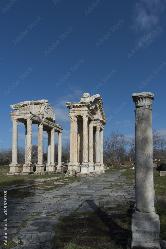 Afrodisias ancient city ruis in Aydin city of Turkey.A view from its Tetrapylon