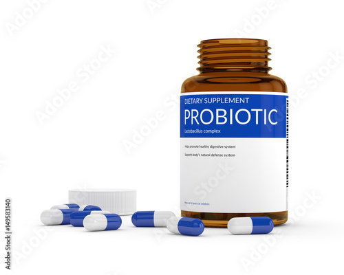 3d render of probiotic pills in bottle photo