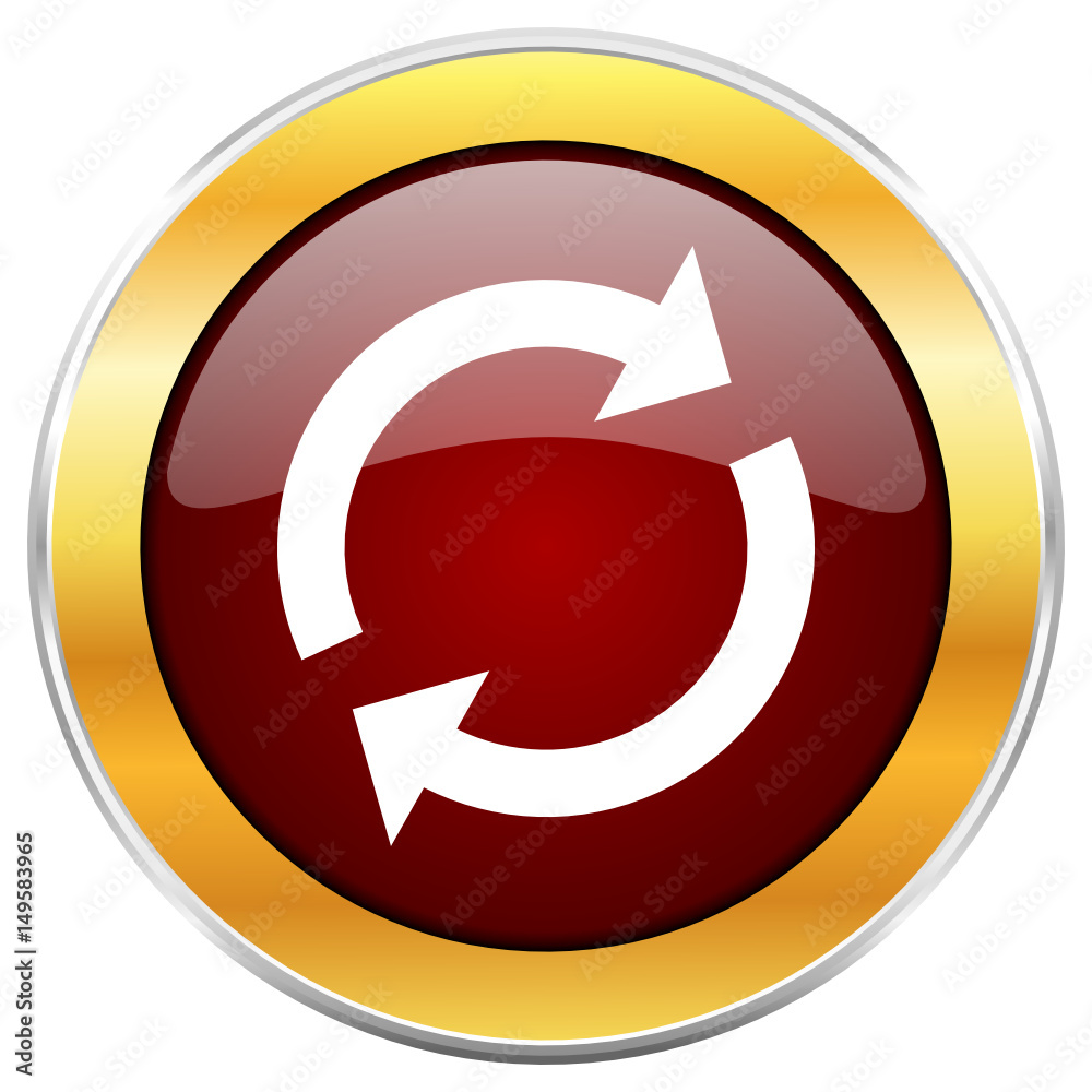 Reload red vector icon with golden border isolated on white background.
