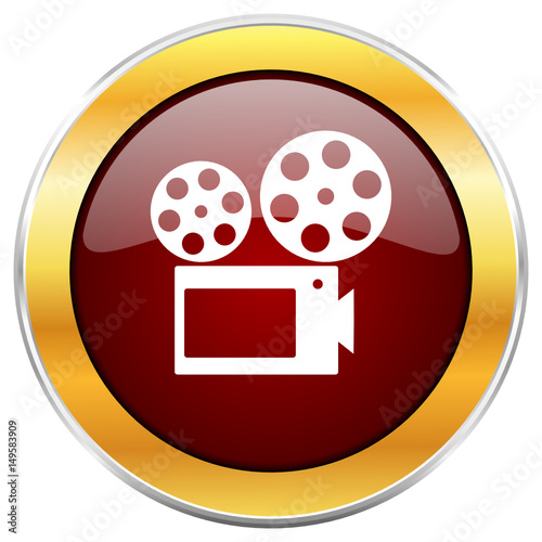 Movie red vector icon with golden border isolated on white background.  
