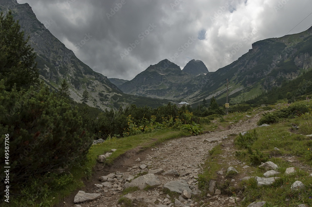 Mountain overgrown with coniferous forest, glade and rest-house toward Maliovitza peak in Rila mountain, Bulgaria Mountain overgrown with coniferous forest, glade and rest-house toward Maliovitza peak in Rila mountain, Bulgaria