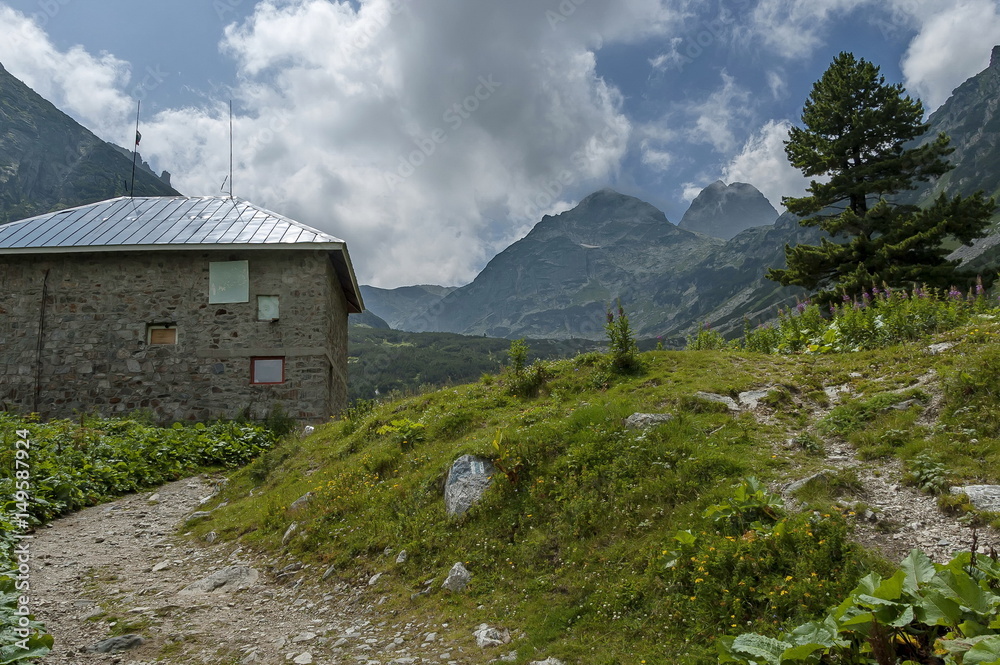 View of old rest-house close up  on the ecological walk toward Maliovitza peak in Rila mountain, Bulgaria   