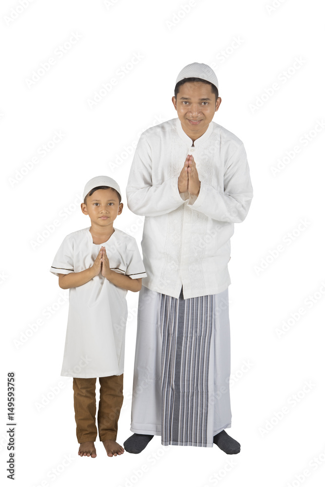 Father and son with welcoming gesture