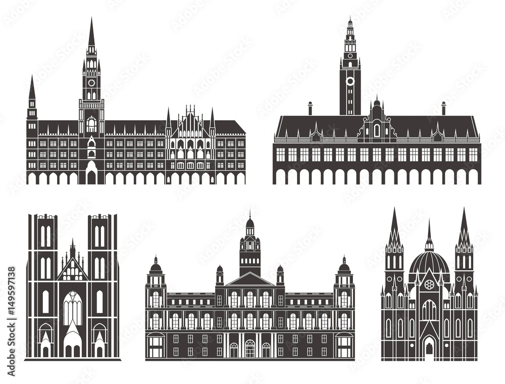 Western Europe. Architecture. Isolated European buildings on white background