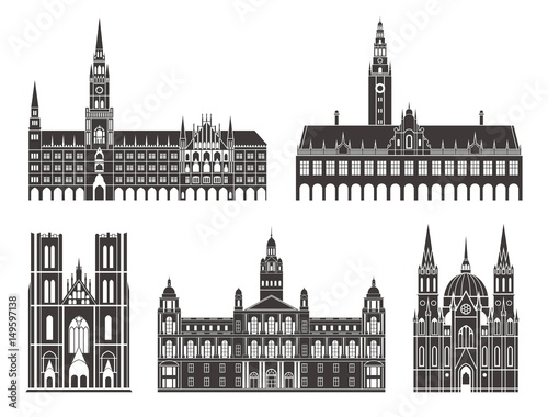 Western Europe. Architecture. Isolated European buildings on white background