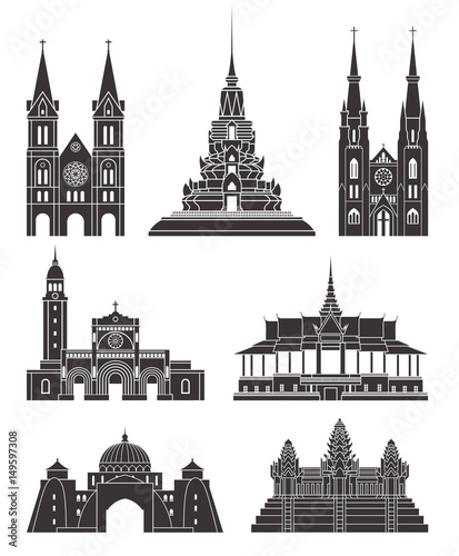 Southeast Asia. Architecture. Isolated Asian buildings on white background